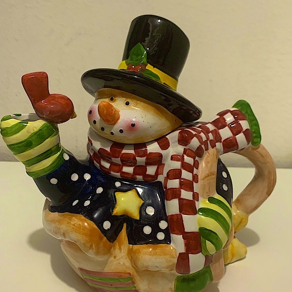 Vintage SNOWMAN Royal Seasons Teapot Red&White Checkered Scarf Red RobinBird - Picture 2 of 13